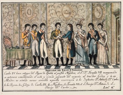 Bayonnes Interview 1808 nach dem Aufstand von Aranjuez, der zur Abdankung von König Karl IV. von Spanien führte und den Thron an Napoleon I. übergab, bevor sein Sohn Ferdinand VII. (Fernando VII) ihn übernahm von Unknown artist
