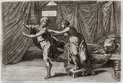 Bibel von Royaumont, Altes Testament: Keuschheit von Joseph. Joseph wird von der Frau von Putiphar (Potiphar) bedrängt und ins Gefängnis geworfen. Illustration von 1811. von Unknown artist
