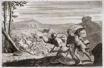 Bibel von Royaumont, Altes Testament: Niederlage von Saul. Sauls Armee wurde von den Philistern besiegt. Seine drei Kinder wurden dort getötet, und nachdem er im Kampf schwer verletzt worden war, tötete er sich selbst. Illustration von 1811. von Unknown artist