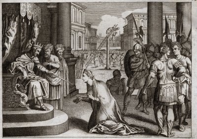 Bibel von Royaumont, Altes Testament: Bestrafung von Aman. Assuerus I (Xerxes I) hängt Aman (Haman) an den Galgen, den er für Mardochee (oder Mordechai) vorbereitet hatte, und widerruft das Todesurteil, das er in seinem ganzen Königreich veröffentlicht hat von Unknown artist
