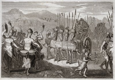 Bibel von Royaumont, Altes Testament: Triumph von David. Nachdem David den Riesen Goliath besiegt hat, kommen die Frauen Israels ihm entgegen, um seinen Triumph mit Jubelrufen und dem Klang von Instrumenten zu ehren. Illustration von 1811. von Unknown artist