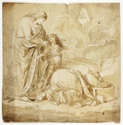 Biblische Szene mit zwei Frauen und Kind im Vordergrund von Unknown artist