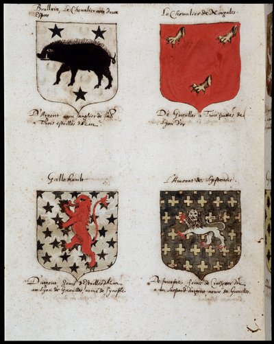 Wappen der Ritter der Tafelrunde: 1. Brallain, der Ritter mit zwei Schwüngen, 2. Der Ritter von Norgales, 3. Gallehault, 4. Der Liebhaber von Lystenois. sd. 19. Jahrhundert von Unknown artist