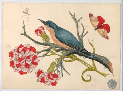 Blauer Vogel auf Zweig mit Nelken und Insekten von Unknown artist
