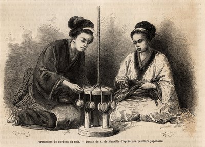Seidenkordel-Flechter in ihrer Werkstatt in Yedo (oder Edo, heutiges Tokio); diese Kordeln sind sehr verbreitet, da sie verwendet werden, um militärische und zivile Kostüme zu arrangieren und zu halten (die Japaner kennen keinen Knopf und keine Klammer zum von Unknown artist