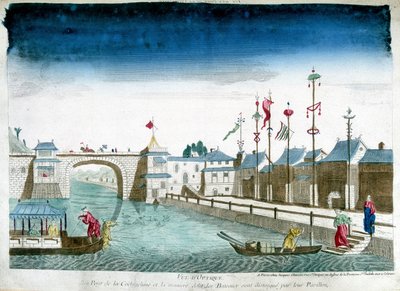 Brücke von Cochinchine und Boote, die die Pavillons verlassen. Gravur aus dem Ende des 18. Jahrhunderts von Unknown artist