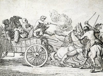 Räuber greifen Passagiere auf einem Wagen an. Gravur eines anonymen Künstlers des 18. Jahrhunderts von Unknown artist