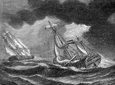 Das Schiff von Captain Cook wird dank seines Blitzableiters verschont, neben einem von Blitz getroffenen niederländischen Schiff - Gravur von Unknown artist