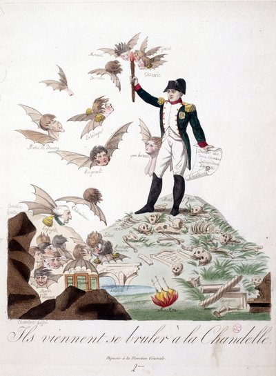Karikatur über Napoleon I., dargestellt auf einem Hügel, der mit Skeletten bedeckt ist und eine Kerze hält, die die Flügel von Figuren (Merlin de Douai, Regnault...) in Fledermausgestalt verbrennt - in „Napoleon I., Karikaturen, Dummysammlung“. 1814 - 1815 von Unknown artist
