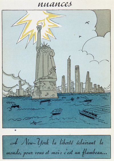Karikatur der Freiheitsstatue in den Vereinigten Staaten: „Freiheit in New York erleuchtet die Welt, für dich und mich ist es eine Fackel“ von Unknown artist