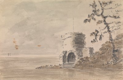 Burgruine in Landschaftsszene mit einem See von Unknown artist