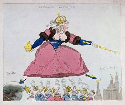 Katharina II. springt von Russland nach Konstantinopel über europäische Souveräne, Karikatur, Ende des 18. Jahrhunderts von Unknown artist