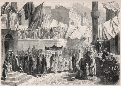 Katholische Prozession in den Straßen von Konstantinopel anlässlich des Fronleichnamsfestes - Gravur in „The Illustrous World“ von Unknown artist