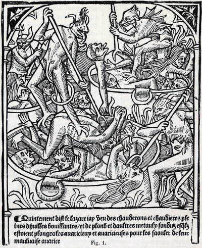 Kessel voller kochendem Öl und Blei, in die Teufel die Gierigen tauchen, um sie mit ihrer schlechten Gier betrunken zu machen. Beschreibung von Lazarus der Hölle. Faksimile des „Calendrier des Bergers“ prophetischer Almanach, gedruckt von Claude Nourry im  von Unknown artist