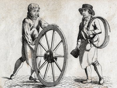 Wagner mit Wagenrad und Lehrling. Gravur späte 18. Jahrhundert. von Unknown artist