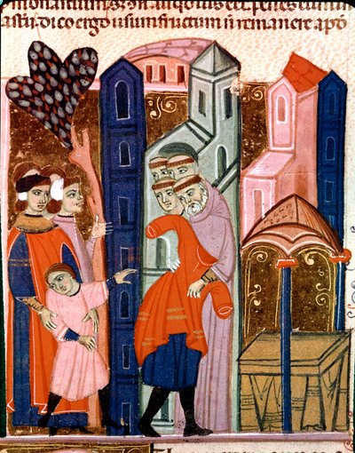 Kinder werden den Mönchen zur Erziehung anvertraut. Miniatur aus dem Justinianischen Kodex (Codex Justinianus), einer Sammlung von Gesetzen und Institutionen, die unter dem römischen Kaiser Justinian I. von Byzanz (483-565) redigiert wurden von Unknown artist