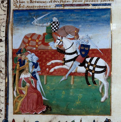 Ritterliches Turnier zwischen Tristan und Palamede. Miniatur aus dem Manuskript „Der Roman von Tristan“ von Unknown artist