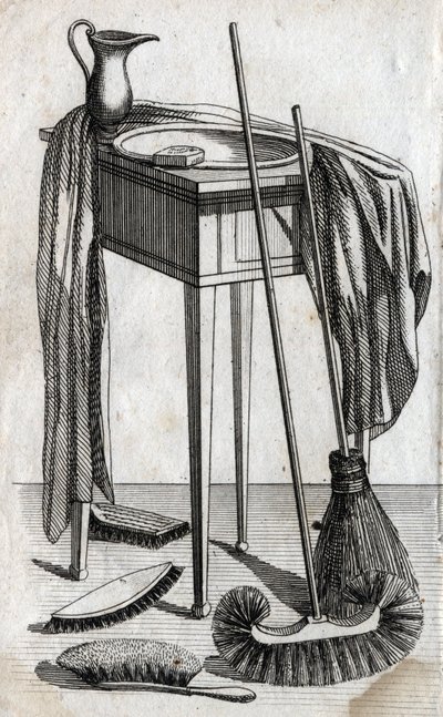 Reinigungs- und Putzutensilien: Seife, Waschbecken, Besen und Bürsten. Gravur Ende des 18. Jahrhunderts. Private Sammlung von Unknown artist