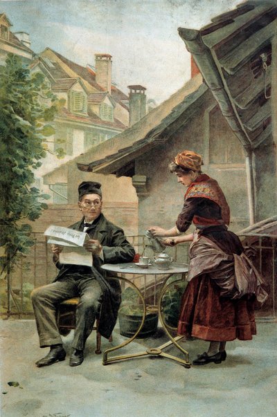 Kaffeezeit: Ein alter Mann sitzt an einem Tisch und liest die „Kleine Zeitung“, bedient von einem Diener. Aquarell des 19. Jahrhunderts. Paris, Dekorative Künste von Unknown artist