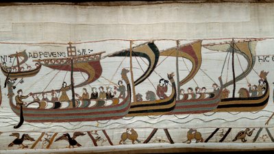 Eroberung Englands durch den normannischen Herzog Wilhelm den Eroberer (1027-1087) im Jahr 1066: Die normannische Flotte nähert sich der englischen Küste bei Pevensey (Detail) von Unknown artist