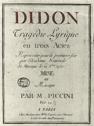 Titelblatt des Librettos der Oper „Didon“ von Komponist Niccolò Vito Piccinni (1728-1800). 1783 von Unknown artist