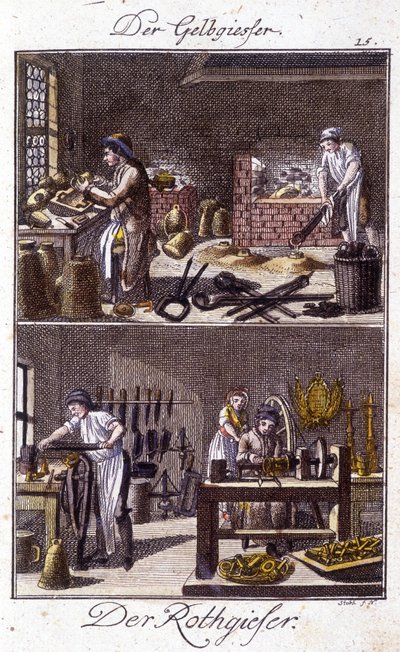 Handwerk: Kupferschmied und Kesselschmied in ihren Werkstätten. In „Umfassende Beschreibung der Künste und Handwerke und Werkstätten für junge Leute“ von Johan Peter Vue. Ed. Nürnberg, Weigel und Schneider von Unknown artist