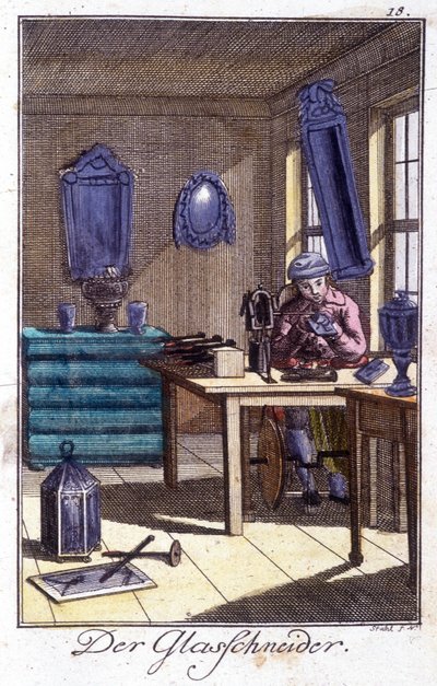 Handwerk: der Kristallmacher in seiner Werkstatt. In „Umfassende Beschreibung der Künste und Handwerke und Werkstätten für junge Leute“ von Johan Peter Vue. Ed. Nürnberg, Weigel und Schneider von Unknown artist