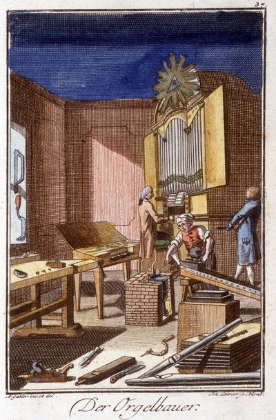 Handwerk: der Orgelbauer in seiner Werkstatt. In „Umfassende Beschreibung der Künste und Handwerke und Werkstätten für junge Leute“ von Johan Peter Vue. Ed. Nürnberg, Weigel und Schneider von Unknown artist