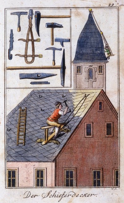 Handwerk: der Schieferdecker und seine Arbeitswerkzeuge. In „Umfassende Beschreibung der Künste und Handwerke und Werkstätten für junge Leute“ von Johan Peter Vue. Ed. Nürnberg, Weigel und Schneider von Unknown artist