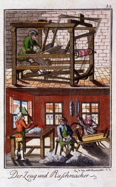 Handwerk: Weber in seiner Werkstatt. In „Umfassende Beschreibung der Künste und Handwerke und Werkstätten für junge Leute“ von Johan Peter Vue. Hrsg. Nürnberg, Weigel und Schneider von Unknown artist