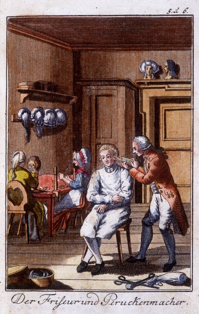 Handwerk: Friseur und Perückenmacher in ihrer Werkstatt. In „Umfassende Beschreibung der Künste und Handwerke und Werkstätten für junge Leute“ von Johan Peter Vue. Hrsg. Nürnberg, Weigel und Schneider von Unknown artist
