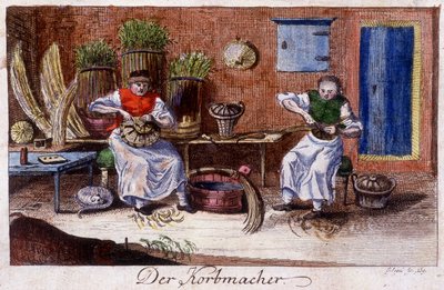 Handwerk: Korbmacher in seiner Werkstatt. In „Umfassende Beschreibung der Künste und Handwerke und Werkstätten für junge Leute“ von Johan Peter Vue. Hrsg. Nürnberg, Weigel und Schneider von Unknown artist