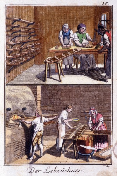 Handwerk: der Lebkuchenmacher in seiner Werkstatt. In „Umfassende Beschreibung der Künste und Handwerke und Werkstätten für junge Leute“ von Johan Peter Vue. Hrsg. Nürnberg, Weigel und Schneider von Unknown artist