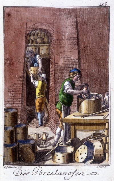 Handwerk: der Porzellanhersteller in seiner Werkstatt. In „Umfassende Beschreibung der Künste und Handwerke und Werkstätten für junge Leute“ von Johan Peter Vue. Ed. Nürnberg, Weigel und Schneider von Unknown artist