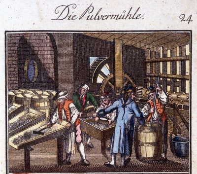 Handwerk: Pulvermacher in seiner Werkstatt. In „Umfassende Beschreibung der Künste und Handwerke und Werkstätten für junge Leute“ von Johan Peter Vue. Hrsg. Nürnberg, Weigel und Schneider von Unknown artist