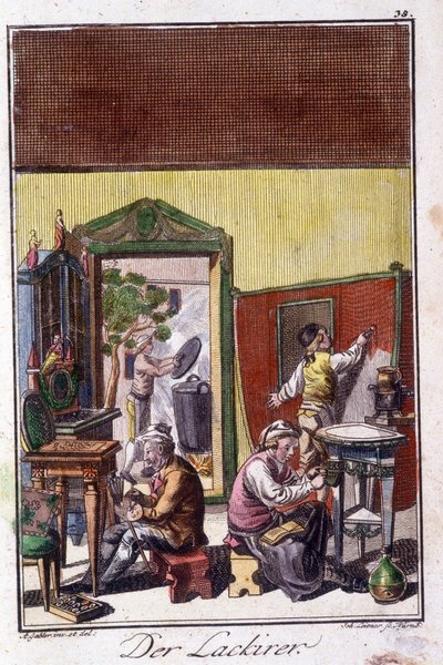 Handwerk: der Lackierer in seiner Werkstatt. In „Umfassende Beschreibung der Künste und Handwerke und Werkstätten für junge Leute“ von Johan Peter Vue. Hrsg. Nürnberg, Weigel und Schneider von Unknown artist