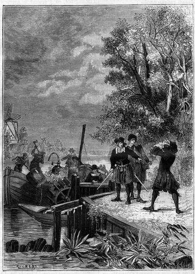 Denis Papin (1647-1712), Physiker, Mathematiker und französischer Erfinder, betrachtet sein Boot, das mit seiner neuen Erfindung, einem noch unbekannten Dampfsystem, ausgestattet ist, das von Bootsmännern zerstört wurde, um einige Teile zu verkaufen. Gravu von Unknown artist