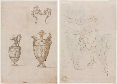 Entwurf für zwei Vasen und ein Ornament (recto); Skizzen von fünf Armen und einem Kopf (verso) von Unknown artist