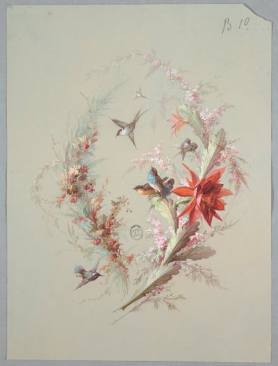 Entwurf für Tapeten und Textilien: Blumen und Vögel von Unknown artist