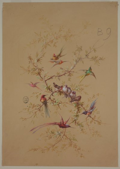 Entwurf für Tapete und Textilien: Blumen und Vögel von Unknown artist