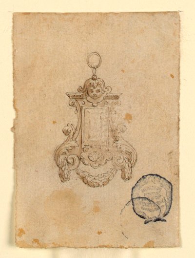 Entwurf für ein Anhänger mit Blattvoluten und Kinderkopf von Unknown artist