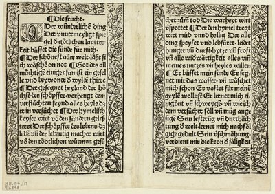 Andächtige Passagen mit ornamentalen Rändern aus Andächtig Zeitglöcklein des Lebens und Leidens Christi, Platte 17 aus Holzschnitten aus Büchern des 15. Jahrhunderts von Unknown artist