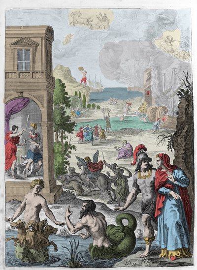 Verschiedene Metamorphosen, im Vordergrund Scylla und der Meeresgott Glaukos, der in sie verliebt ist, im Hintergrund der gehängte Iphis, abgelehnt von Anaxarete. Illustration aus Buch XIV der „Metamorphosen“ (Metamorfosi) von Ovid (43 v. Chr.-17 n. Chr.). von Unknown artist