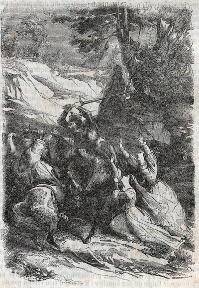 Doralice und Isabelle wollen Mandricard und Zerbin trennen (Gravur von 1851 aus „Roland furieux“) von Unknown artist