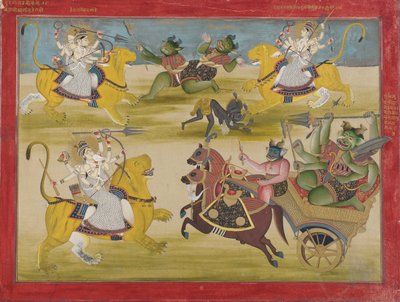 Durga kämpft gegen die Rakshashas Shunga und Nishunga, aus einem Devi Mahatmya von Unknown artist