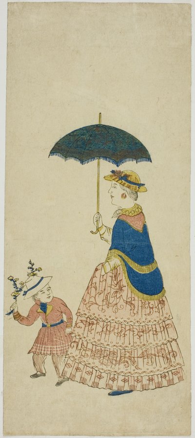Niederländische Dame mit Sonnenschirm und kleinem Jungen (Orando fujin to kodo mo) von Unknown artist