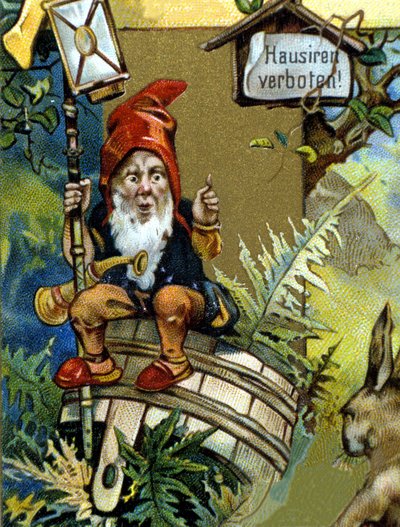 Zwerg oder Farfadet mit Laterne. Chromolithographie aus dem 19. Jahrhundert von Unknown artist