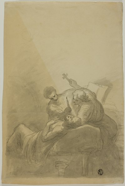 Sterbender Mann, begleitet von zwei Figuren mit Kerze, Buch und Kreuz von Unknown artist