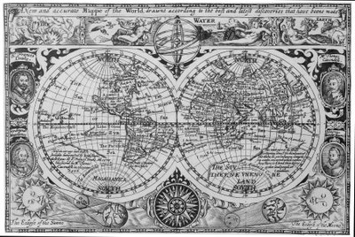 Frühe Weltkarte des 17. Jahrhunderts, nach Mercator, mit Porträts von Entdeckern (Drake, Magellan, Thomas Cavendish und Oliver van der Nort), den Elementen und Finsternissen von Unknown artist