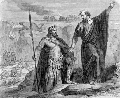Elia warnt Ahab, dass der Regen bevorsteht. Im Hintergrund sieht man die Anbetung des Baal von Unknown artist